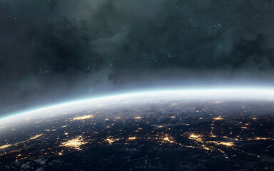 Earth from Orbit with City Lights and Cosmic Backdrop &mdash; A breathtaking view of Earth&rsquo;s curvature glows with golden city lights beneath a velvet sky filled with stars and interstellar clouds