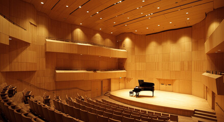 A grand piano on stage in an auditorium with wooden walls and seating in a concert hall setting ready
