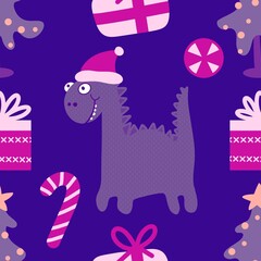 Christmas tree seamless dragon and gift box and balls and penguin pattern for wrapping paper and fabrics