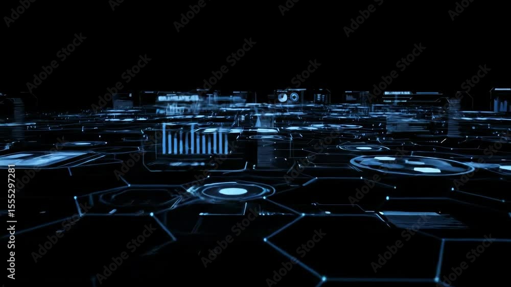 Poster Digital business concept with evolving hologram interface displaying graphs and data statistics on a dark background footage.