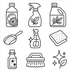 Natural Cleaning Oils Icons. Line style icons of Natural Cleaning Oils: lemon disinfectant bottle, tea tree spray, eucalyptus
