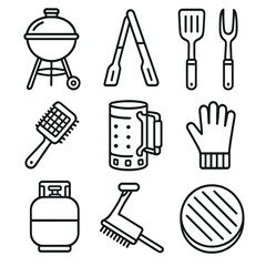 Backyard Grill Set. Line style icons of Backyard Grill Essentials: kettle charcoal grill, grill grate tongs, spatula flipper, meat