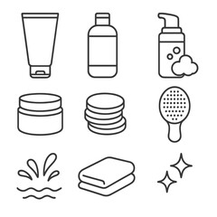 Facial Cleansing Icons. Line style icons of Daily Facial Cleansing: gel cleanser tube, micellar water bottle, foaming pump,