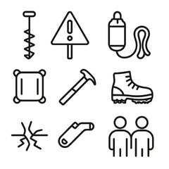 Frozen Lake Safety Icons. Line style icons of Frozen Lake Safety: thickness gauge drill, warning sign post, rescue rope bag, ice
