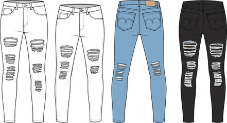Ripped skinny jeans cad drawing flat vector with front and back view, multiple color styles, denim fashion sketch illustration © Biplob Creatives