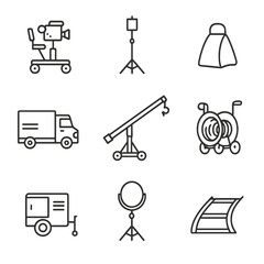 Film Production Icons. Line style icons of Film Production Ground Support Gear: camera dolly, lighting stand, sandbag weight, grip