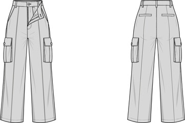 Women’s cargo pants technical fashion flat sketch with pocket detail, front and back view, vector outline, cad drawing template