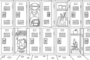 Coloring page of open school lockers with books, sports gear and supplies