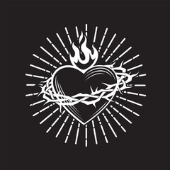 heart, crown of thorns and flame isolated on black background