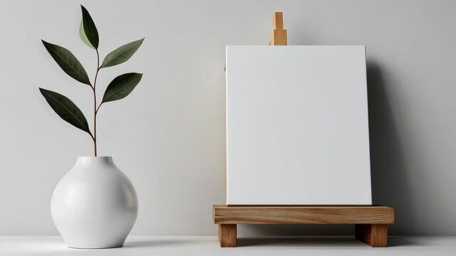 Blank Canvas and Greenery: A clean, minimalistic scene showcasing a blank canvas on a wooden easel alongside a pristine, modern white vase with a sprig of delicate greenery