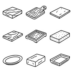 Salt Plate Icons. Outline style icons of Salt Plate Presentations: Himalayan salt plate, olive wood board, slate slab, marble tile
