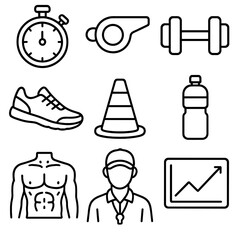 Sports Training Icons. Outline style icons of Sports Training: stopwatch, whistle, dumbbell, running shoes, training cone, water