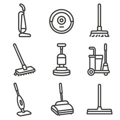 Cleaning Equipment Icons. Outline style icons of Floor Cleaning Equipment: upright vacuum, robotic vacuum, wet mop, dry mop, floor