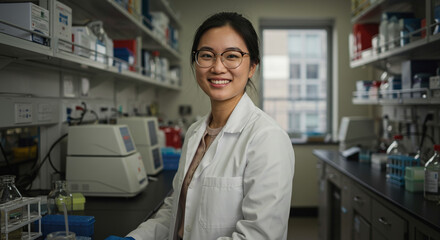 A smiling asian scientist in a lab coat with shelves of equipment and supplies in a bright laboratory