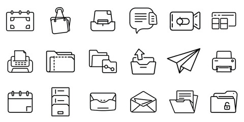 Web and mobile app icon sets: a vector collection of business, office, communication, and internet symbols including mail, phone, file, and computer illustrations