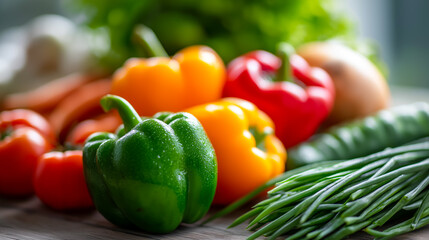 Close-up of fresh colorful vegetables including bell peppers and chives