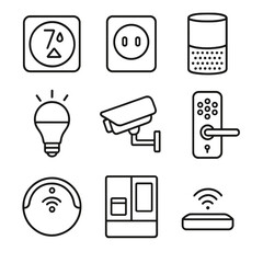 Smart Home Icons. Outline style icons of Smart Home Devices: smart thermostat, smart plug, voice assistant speaker, smart light