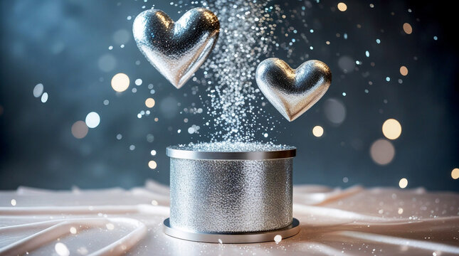 Floating Silver Hearts and Glitter on Pearl Surface — Romantic Minimal Scene with Cool Gradient and Soft Bokeh for Wedding or Valentine's Day Design