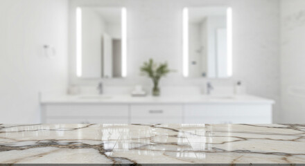 Marble countertop in a bright bathroom with double vanity and mirrors with led lighting and flowers