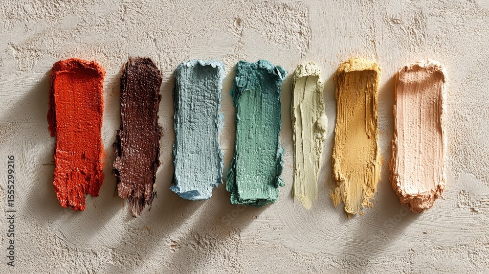 Poster palette of colorful textured paint strokes with corresponding paintbrushes on a textured background 