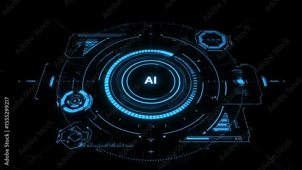 Poster blue ai hud interface with futuristic digital data and dynamic circular elements on black background