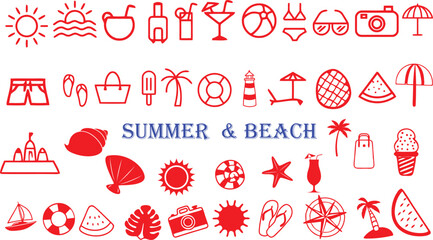 Summer and beach icon set. Contains linear outline icons like holiday, sea, island, wave, ocean, cocktail, bikini, travel, sunglasses, sun, leisure, and more. Editable vector illustration