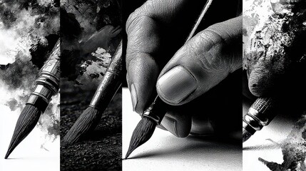 Six artist paintbrushes with black paint and various bristle shapes in studio light