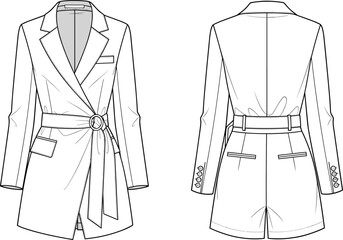 Fashion flat sketch, tailored women blazer, vector CAD drawing, belted coat design, technical garment illustration, fashion designer template
