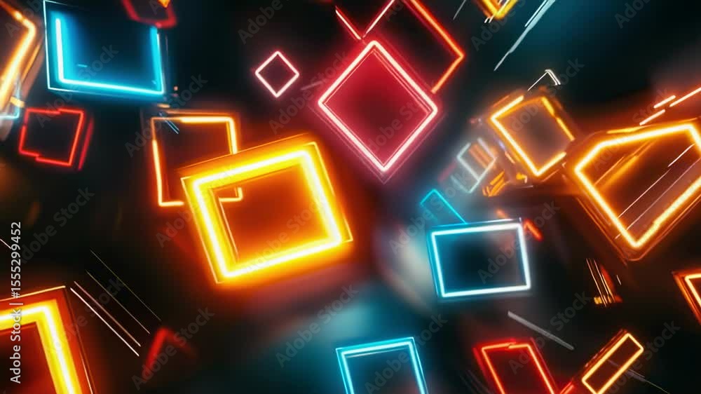 Poster abstract neon squares floating in dark space, dynamic lighting