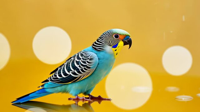Vibrant Parakeet Portrait: A stunning parakeet with bright blue and yellow feathers perches gracefully on a textured surface, creating an eye-catching contrast against a warm background.