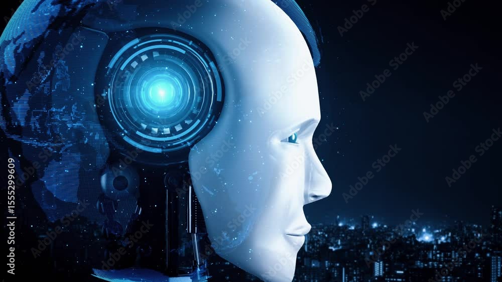 Poster robot hominoid face close up with graphic concept of ai thinking brain , artificial intelligence and