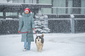 Smiling girl in a santa hat walking a husky dog on a red leash in winter. New Year mood and festive holiday season.