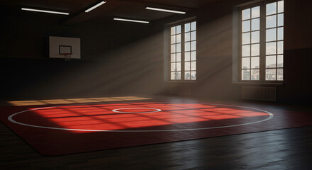 An indoor gymnasium featuring a red wrestling mat with natural light streaming through the windows inside