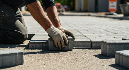 A worker installing concrete pavers on the ground wearing gloves and kneeling outdoors in daylight