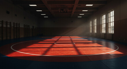 Interior view of a gymnasium with a red wrestling mat and sunlight streaming through the windows in the room