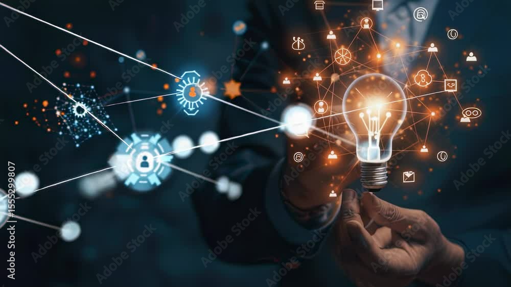 Poster conceptual image of a person holding a glowing light bulb with digital network connections, represen