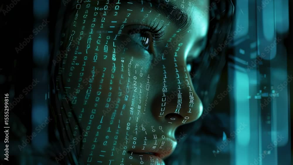 Poster close-up of a womans face with digital code projection, futuristic style