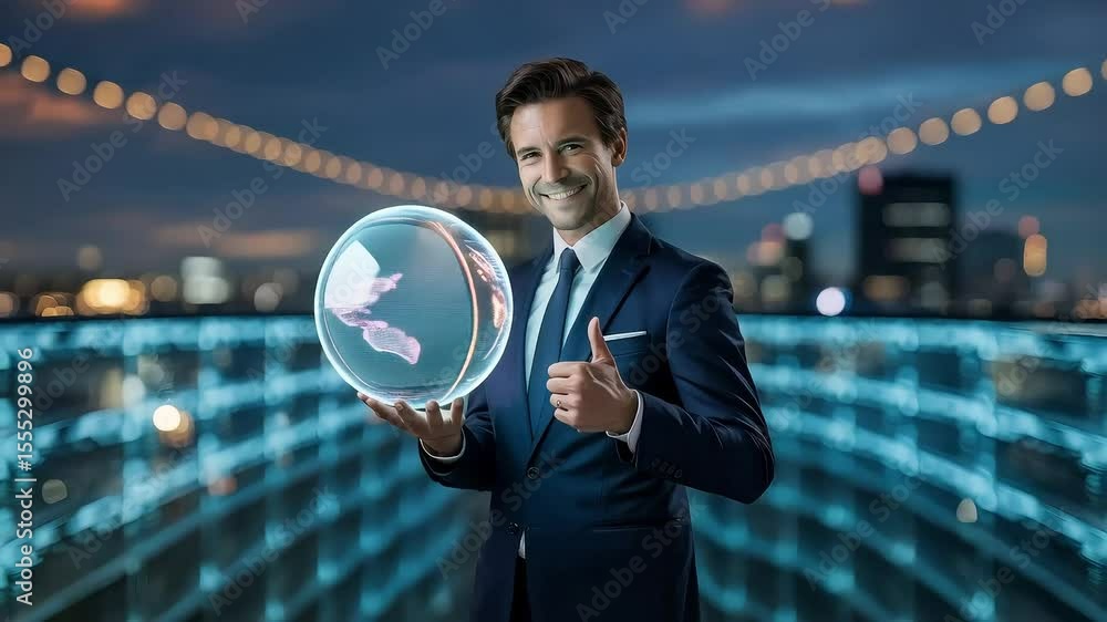 Poster optimistic businessman shows a glowing data sphere with code in a technological future scenario