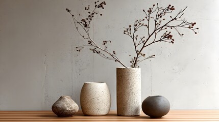 Minimalist ceramic vases with dry branches on neutral background, modern home decor photography concept for lifestyle, interior design, architecture, simplicity and elegance, Generative AI  
