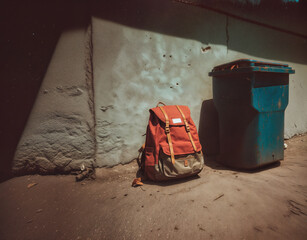 Old, worn backpack thrown away next to a garbage container. Back to school, forgotten knowledge conceptual background.