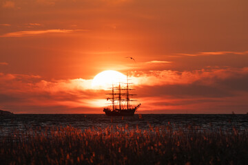 Silhouette of a tall sailing ship and a flying bird against the large disk of the sun setting into the sea.