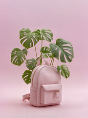 Pink backpack with monstera leaves growing out of it against pastel pink background. Back to school, summer camp, copy space backdrop.