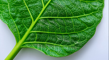 Close-up of a vibrant green leaf with detailed vein structure and natural pattern