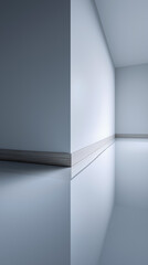 Photorealistic minimalist interior with clean white walls and glossy floor reflection