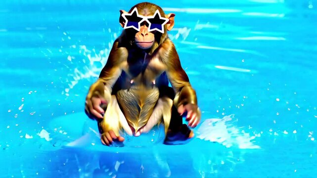 Monkey wearing white star sunglasses splashes in blue pool, joyful summer fun and laughter. Creative summer travel and vacation concept