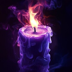 A candle is igniting, the fire is purple, and the background is dark.