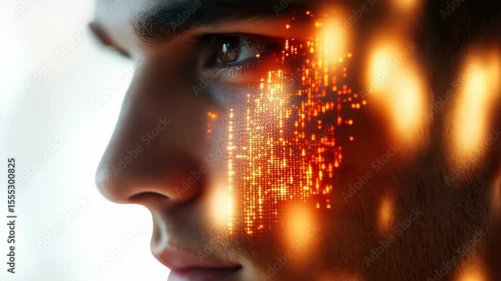 Poster close-up of a mans face with digital interface overlay, futuristic and tech-inspired