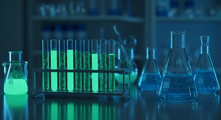 Glowing Green and Blue Liquids in Test Tubes and Beakers in Dark Lab