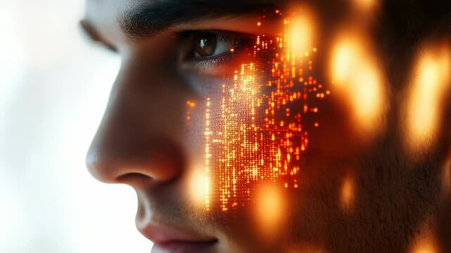 Close-up of a mans face with digital interface overlay, futuristic and tech-inspired