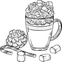Cappuccino or eggnog with whipped cream, marshmallows and candy cane. Christmas festive drink composition. Cozy holiday. Vector illustration in hand drawn sketch style. Line art isolated on white